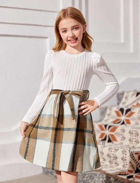 Arshiner Girls Dresses Puff Long Sleeve Rib Knit Plaid Belted Dress