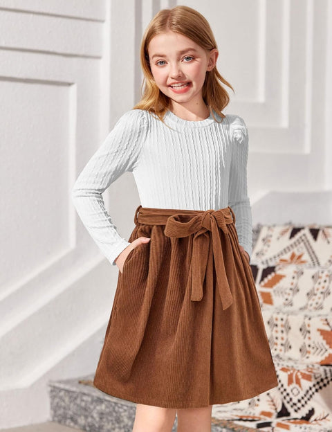 Arshiner Girls Dresses Puff Long Sleeve Rib Knit Plaid Belted Dress
