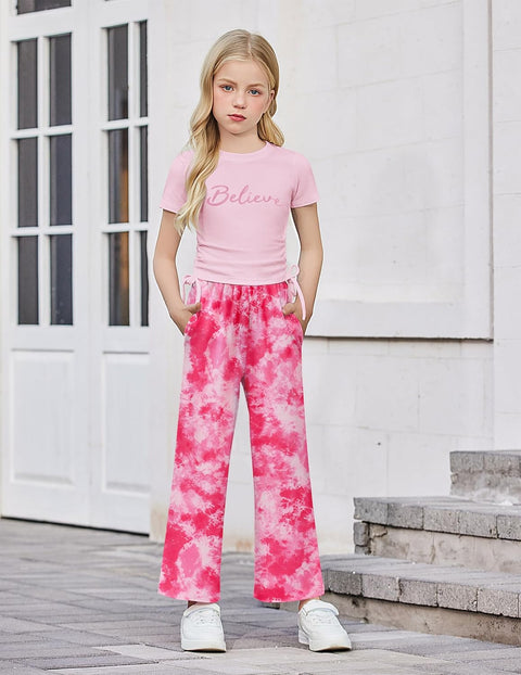 Arshiner Girls Sets Ruched Drawstring Tops and Wide Leg Pants