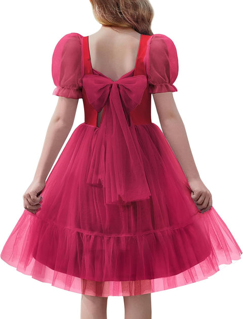 【6-16Y】Arshiner Girls Dresses Tulle Bow Tie Back Puff Sleeve Dress