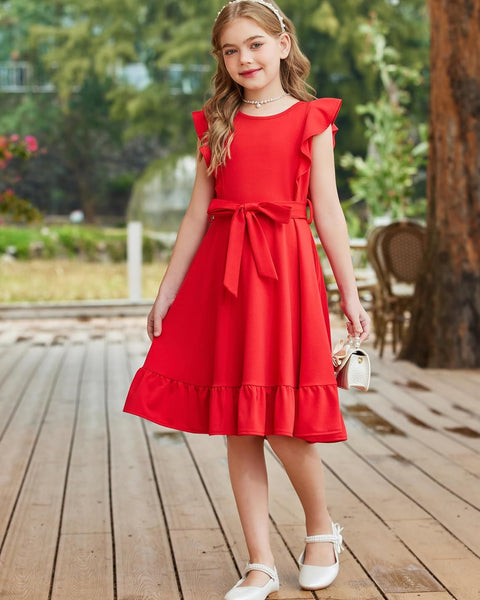 Arshiner Girls Belted Pockets Flutter Sleeve A-line Dresses