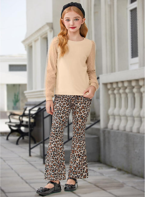 Arshiner Girls 2 Piece Outfits Knit Tulle Puff Top and Flare Pants Set