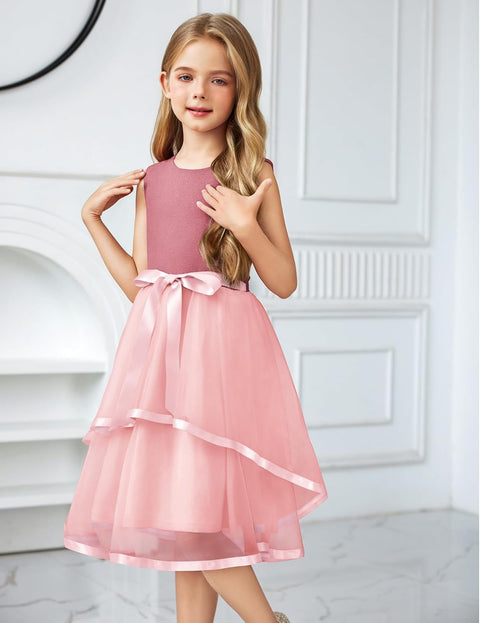 Arshiner Girls Dress Formal Party Fluffy Tulle Sleeveless Belted Dresses 3-11Y