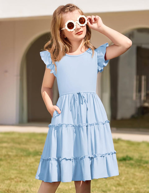 Arshiner Girl's Dress Ruffle Sleeve Tiered Dresses with Pockets 5-12 Years