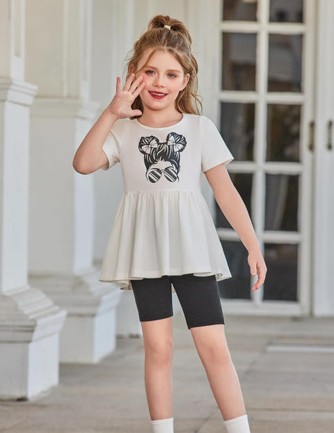 Arshiner Girls Summer Outfits Short Sleeve Ruffle Hem Top and Biker Shorts Set Girl Clothes 6-14 Years