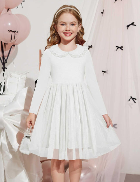 Arshiner Tutu Dress Girls Long Sleeve Peter Pan Collar Party Dresses