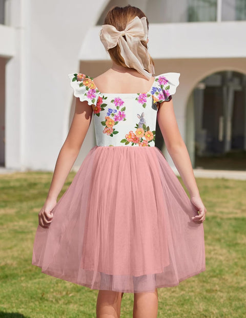 Arshiner Girls Dresses Square Neck Ruffle Sleeve Tulle Dress 6-14 Years