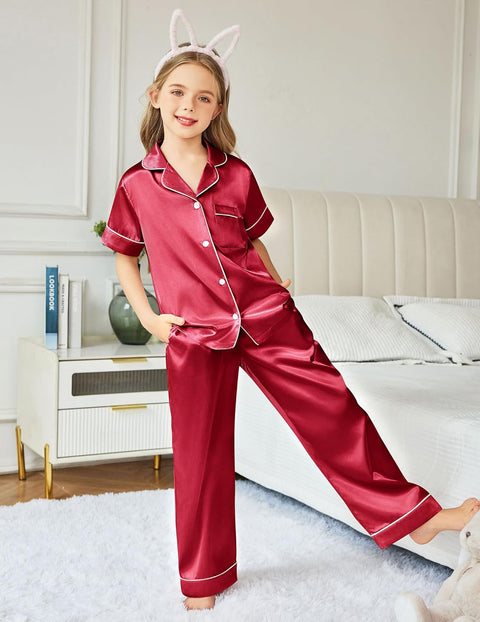 Arshiner Girls Pajamas Silk Satin Button Down Pjs 2 Piece Short Sleeve Sleepwear Set