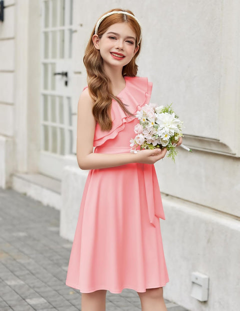 [5Y-12Y] Arshiner Girls Dress One Shoulder Formal Ruffle Trim Party Dresses