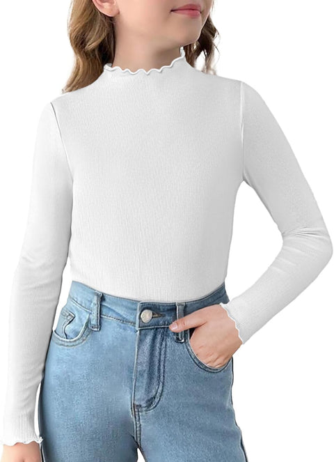 Arshiner Girls Lettuce Trim Mock Neck Ribbed Knit Tops