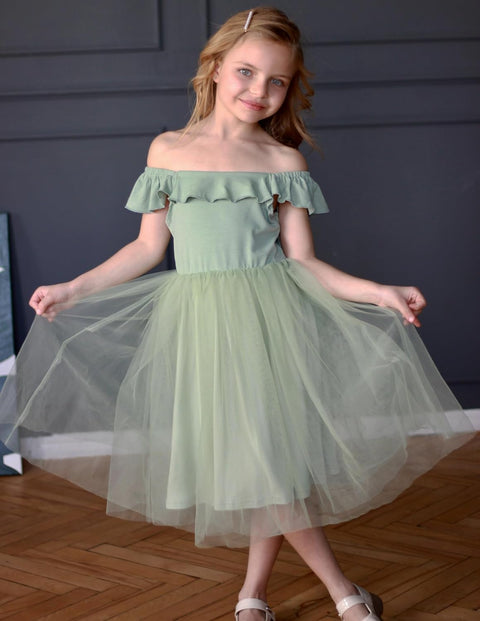 Arshiner Girls Dresses Square Neck Ruffle Sleeve Tulle Dress 6-14 Years
