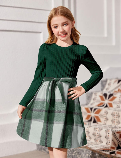 Arshiner Girls Dresses Puff Long Sleeve Rib Knit Plaid Belted Dress