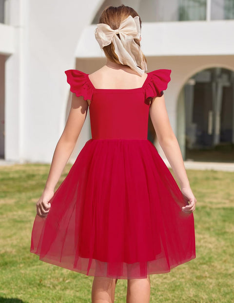 Arshiner Girls Dresses Square Neck Ruffle Sleeve Tulle Dress 6-14 Years