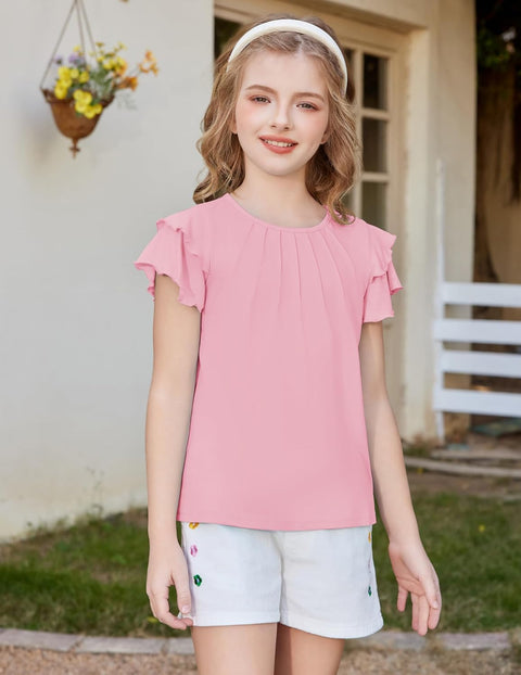 Arshiner Girls T Shirts Ruffle Short Sleeve Pleated Casual Tops