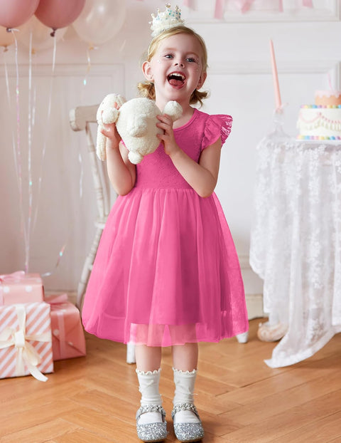 【2-8Y】Arshiner Toddler Lace Tutu Dresses Ruffle Sleeve 3 Layers Tulle Flower Dress