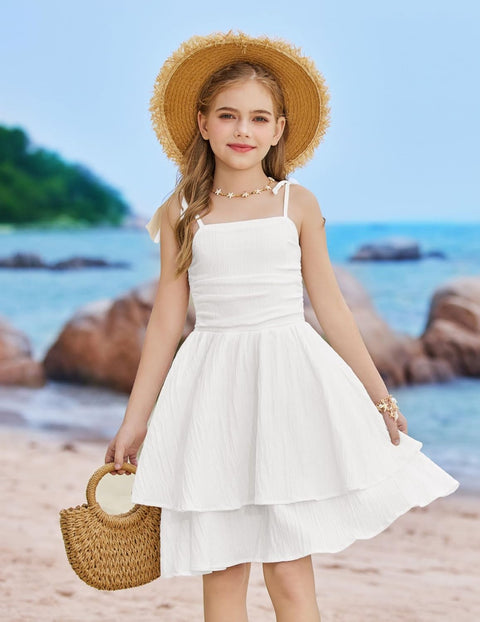 Arshiner Girls Dresses Flowy Tiered Ruched Smocked Back Midi Sundress