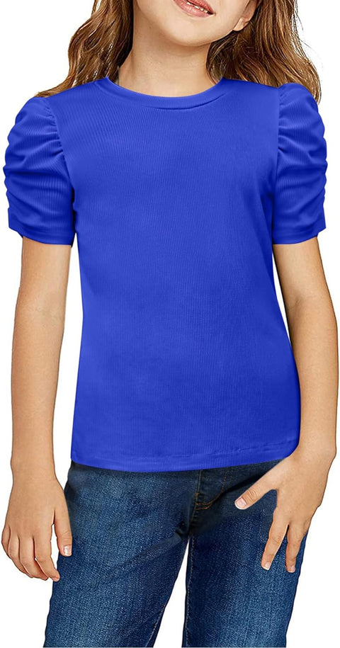 Arshiner Girls Puff Short Sleeve Shirts Summer Ribbed Knit Crewneck T Shirt Tops Tee Blouse
