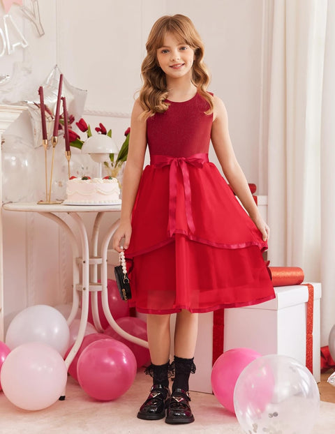 Arshiner Girls Dress Formal Party Fluffy Tulle Sleeveless Belted Dresses 3-11Y