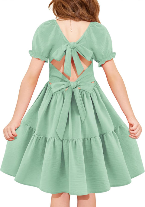 Arshiner Girls Dress Tie Back Short Sleeve Square Neck Tiered Midi Dresses