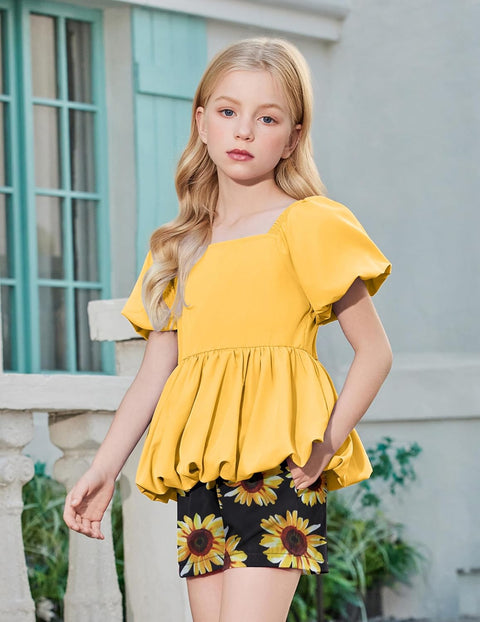 Arshiner Girls 2 Piece Sets Puffed Sleeve Bubble Hem Tops and Short Set