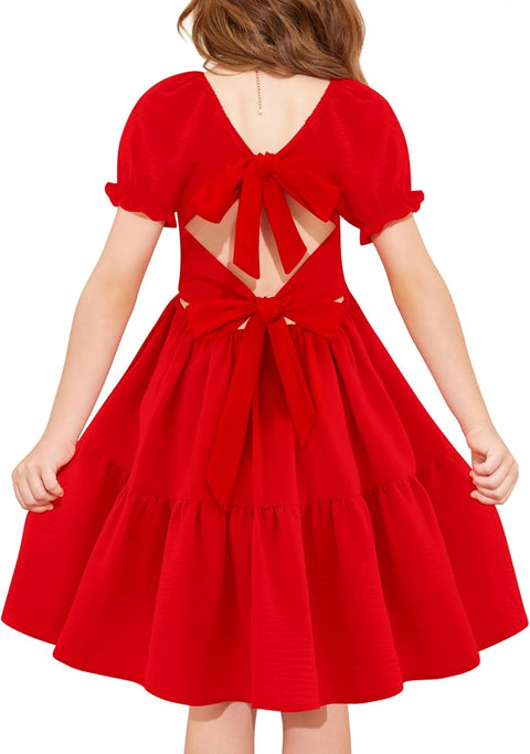 Arshiner Girls Dress Tie Back Short Sleeve Square Neck Tiered Midi Dresses