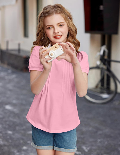 Arshiner Girls Puff Short Sleeve Shirts Pleated Tunic Top