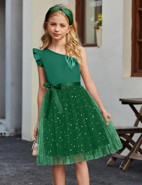 Arshiner Girls Dresses One Shoulder Ruffle Formal Tulle Dress