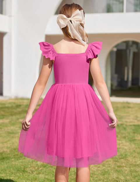 Arshiner Girls Dresses Square Neck Ruffle Sleeve Tulle Dress 6-14 Years