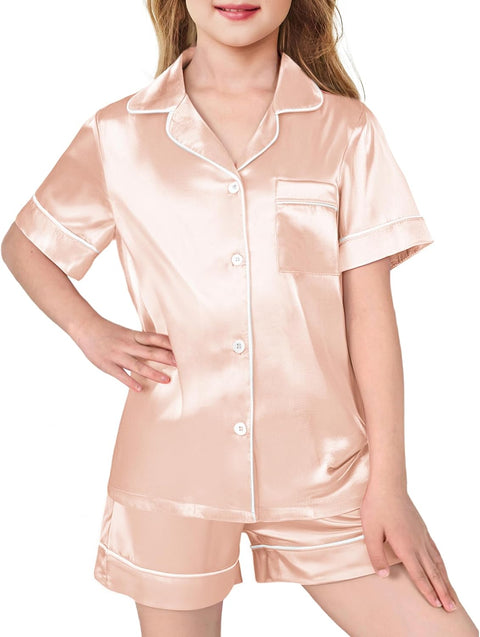 Arshiner Girls Pajamas Silk Satin Pajama Sleepwear Button Down Pj Set