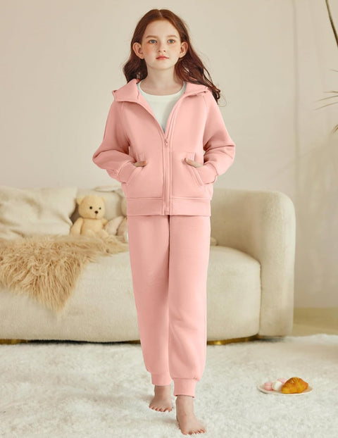 Arshiner Girls 2 Piece Outfit Drop Shoulder Zip Up Hoodies Set