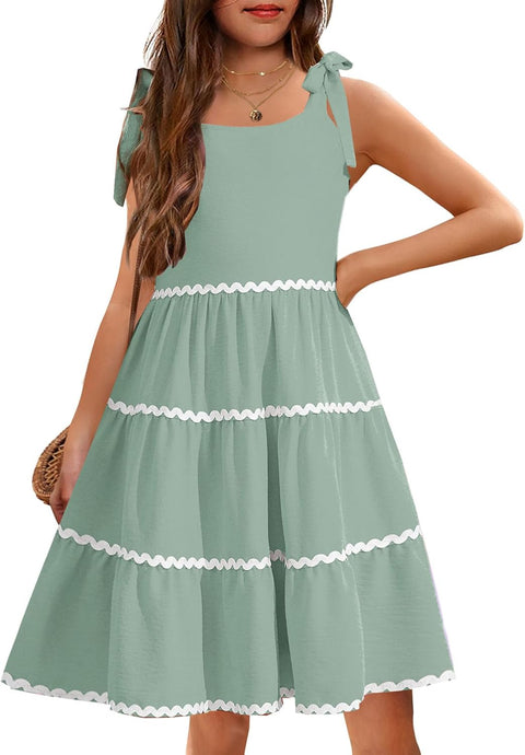 Arshiner Girl's Sundresses Boho Tie Shoulder Cami Midi Tiered Dresses