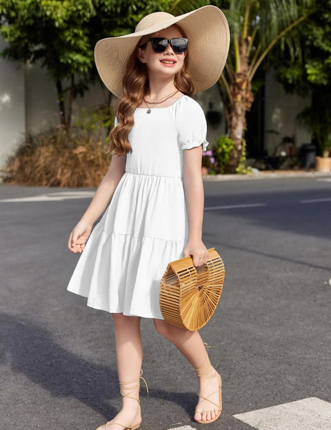 Arshiner Girls Dress Tie Back Short Sleeve Square Neck Tiered Midi Dresses