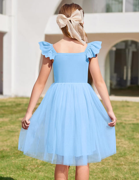 Arshiner Girls Dresses Square Neck Ruffle Sleeve Tulle Dress 6-14 Years