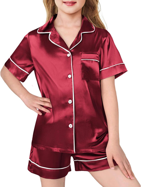 Arshiner Girls Pajamas Silk Satin Pajama Sleepwear Button Down Pj Set