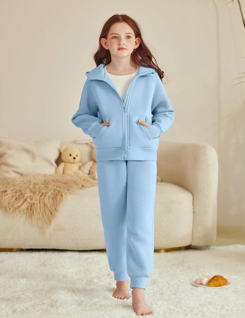 Arshiner Girls 2 Piece Outfit Drop Shoulder Zip Up Hoodies Set