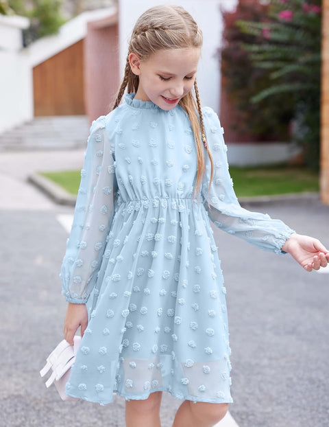 Arshiner Girls Dress Long Sleeve Swiss Dot Ruffle Collar Flowy A-Line Party Dress for Kids 5-13Y