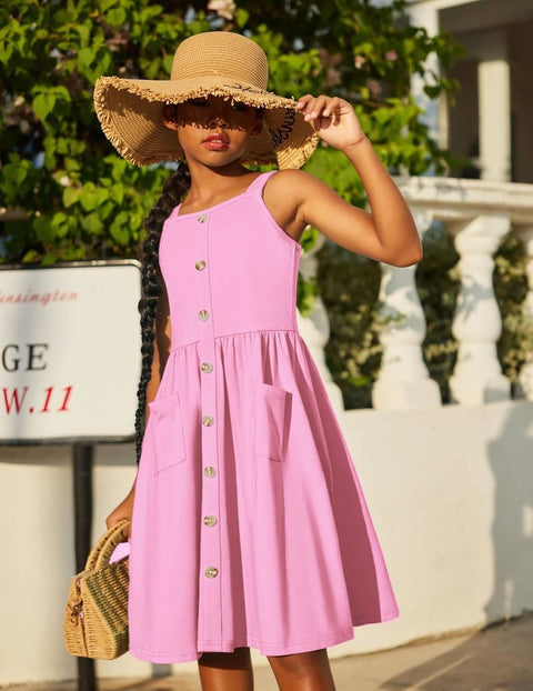 Arshiner Girl's Spaghetti Strap Button Down Midi Sleeveless Sundress