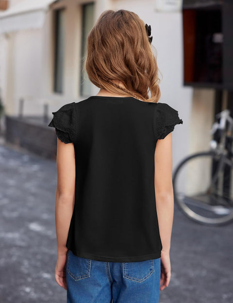 Arshiner Girls Shirts Short Sleeve Square Neck Lace Pleated Tops Blouse Tunic