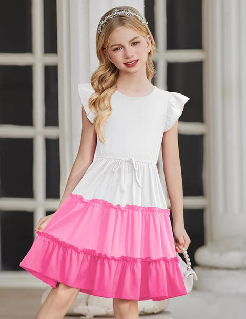 Arshiner Girl's Dress Ruffle Sleeve Tiered Dresses with Pockets 5-12 Years