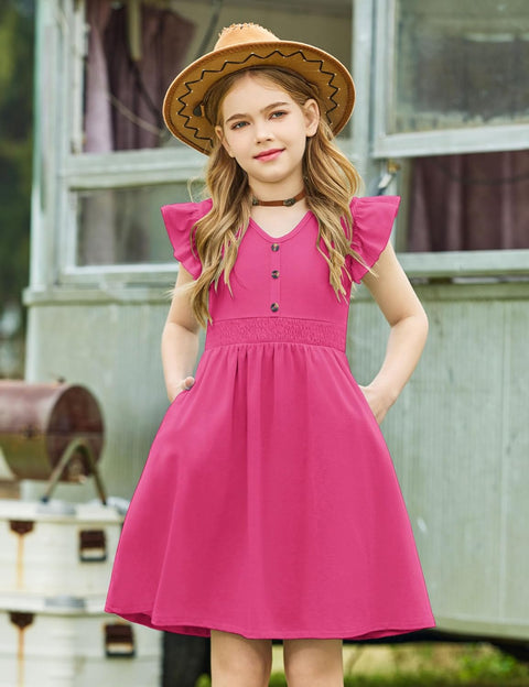 Arshiner Girls Dresses Ruffle Sleeve A-Line V-Neck Sundress