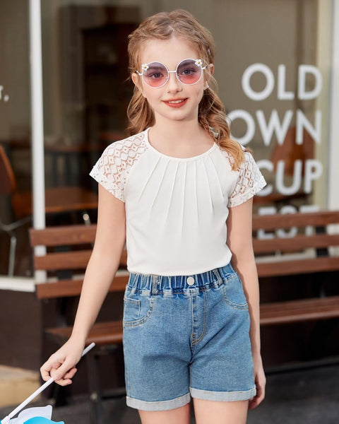 Arshiner Girls Shirts Short Sleeves Lace Pleated Kids Tops