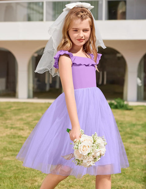 Arshiner Girls Dresses Square Neck Ruffle Sleeve Tulle Dress 6-14 Years