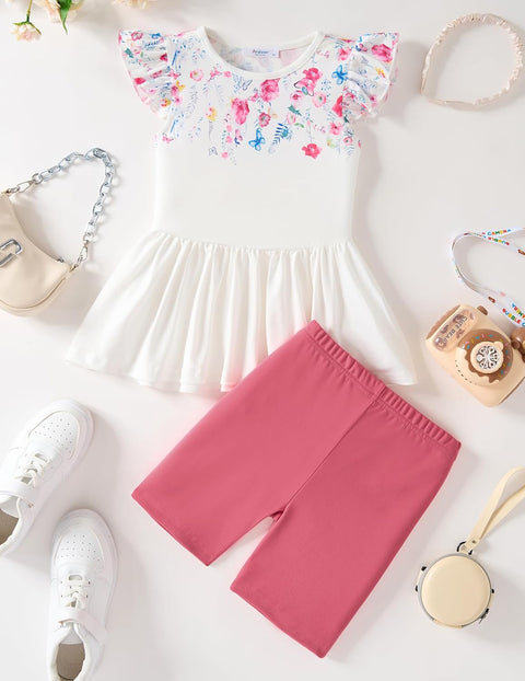 Arshiner Girls 2 Piece Outfit Ruffle Sleeve Peplum Top And Biker Shorts Set