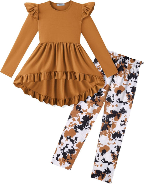 Arshiner Toddler Girl Ruffle Trim Long Sleeve Top and Floral Print Leggings Sets