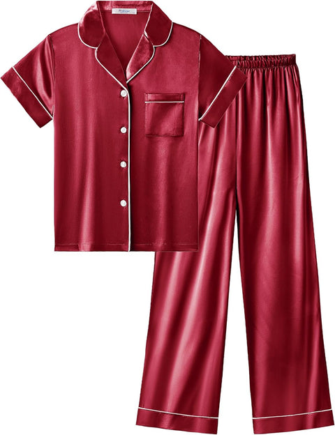 Arshiner Girls Pajamas Silk Satin Button Down Pjs 2 Piece Short Sleeve Sleepwear Set