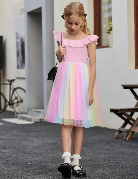 Arshiner Girls Dresses Square Neck Ruffle Sleeve Tulle Dress 6-14 Years