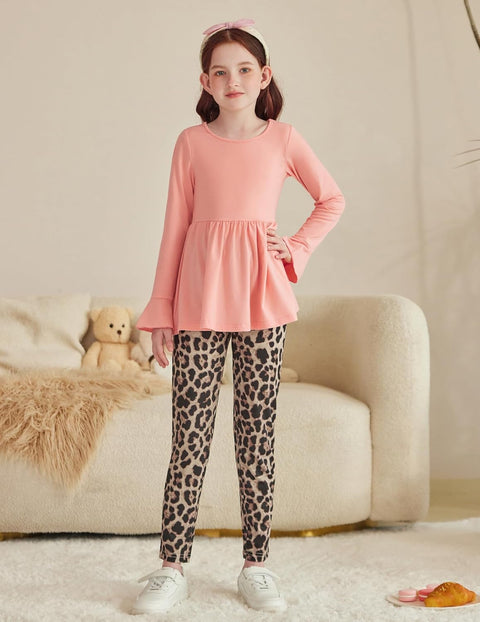 Arshiner Girls 2 Piece Set Floral Ruffle Hem Bell Sleeve Top and Leggings