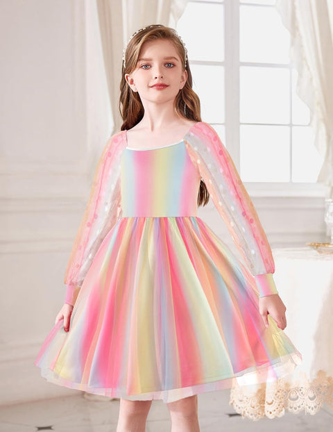Arshiner Girl Tulle Dress Puff Long Sleeve Teen Girls Party Casual Dresses