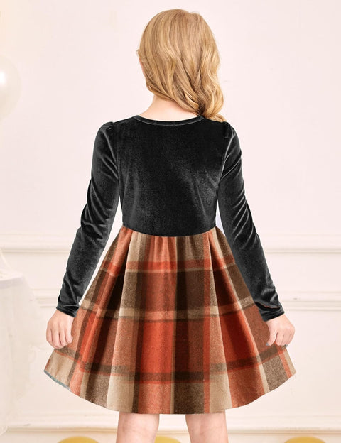 Arshiner Girls Dresses Velvet Plaid Patchwork Party Dress
