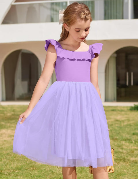 Arshiner Girls Dresses Square Neck Ruffle Sleeve Tulle Dress 6-14 Years